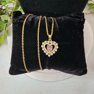 Gold Chain Necklace with Heart Pendant Pink CZ